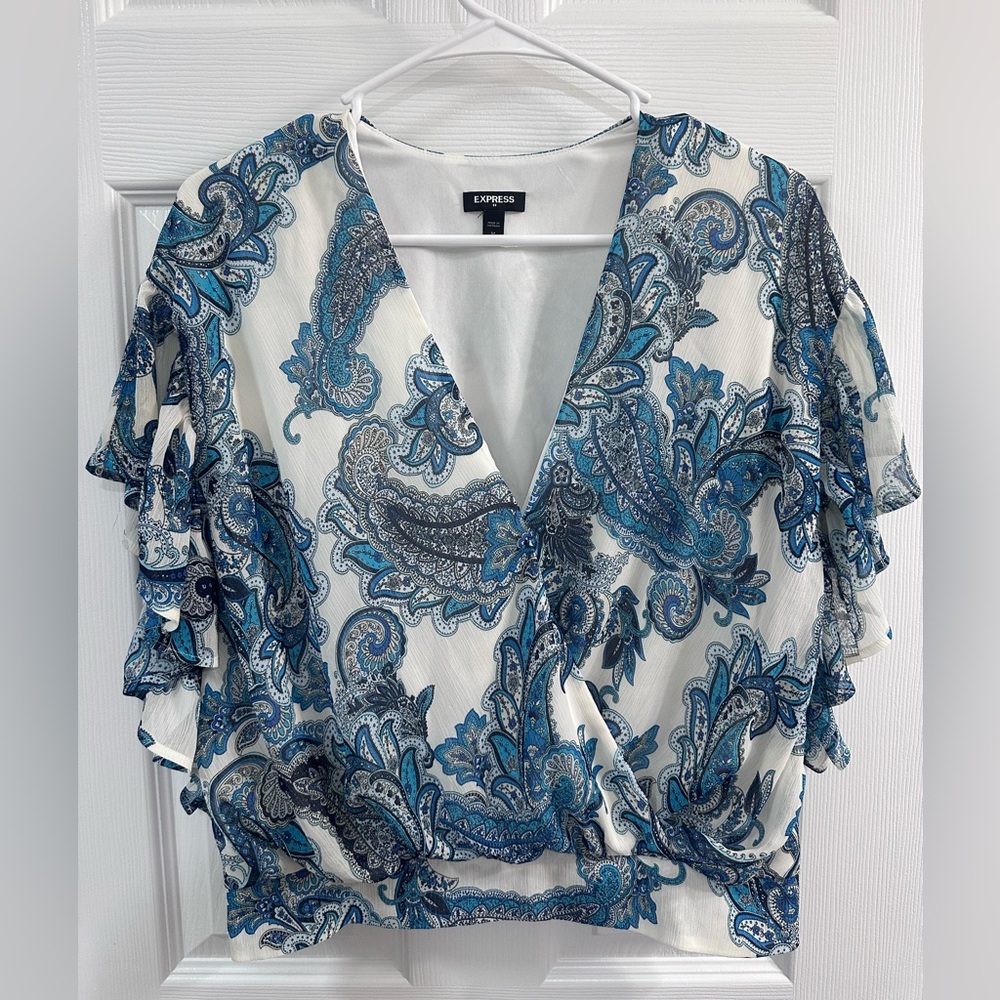 Express Blue Print Paisley Wrap Front Ruffle Top size M